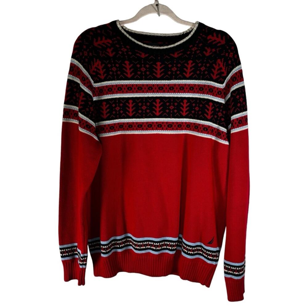 Nautica Sweater Men’s Size Large Red Holiday Fair Isle Print